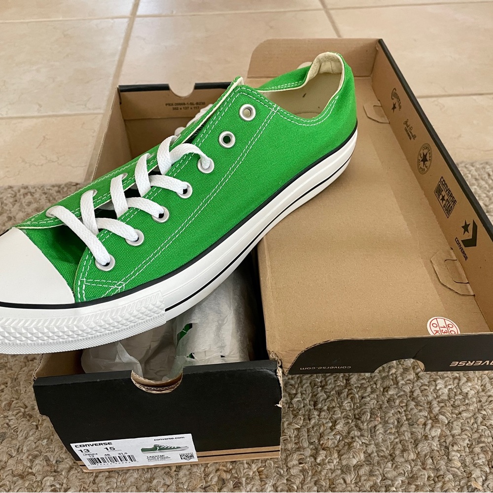 Brand new, in box. Converse Jungle Green men’s size 13 or Women’s size 15